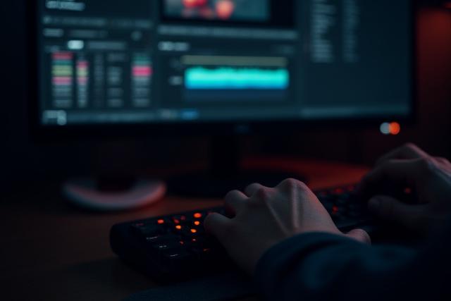 Post-Produktion & Schnitt bei Nibel River: Eine Person arbeitet an einem Schnittprogramm auf einem Computer-Bildschirm mit Videospuren und Farbbearbeitungswerkzeugen.