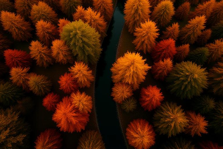 Drohne: Luftaufnahme eines Herbstwaldes aus der Vogelperspektive