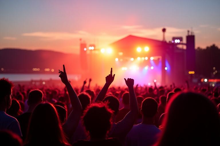 Events: Energiegeladenes Musikfestival am Flussufer bei Sonnenuntergang