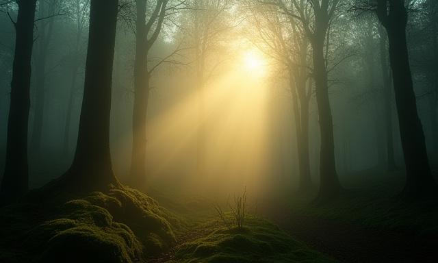 Nebliger Wald am frühen Morgen, Sonnenstrahlen durchdringen die Bäume.